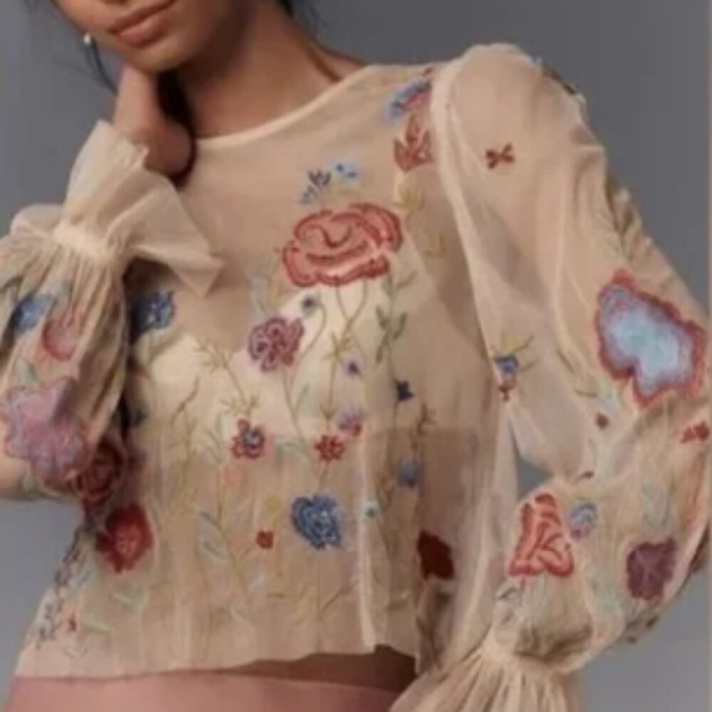 Anthropologie The Layla Long-Sleeve Appliqué Mesh Blouse